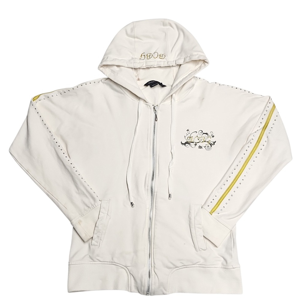 Y2K BCBG White  Hooded Rhinestone Embellished Full Zip Jacket Sz M‎